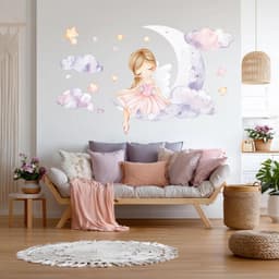 image-Fairy Ballerina Wall Decal | Princess on the Moon Sticker | Nursery Wall Art Baby Girl | Clouds and Stars Wall Decor | Removable Vinyl Mural
