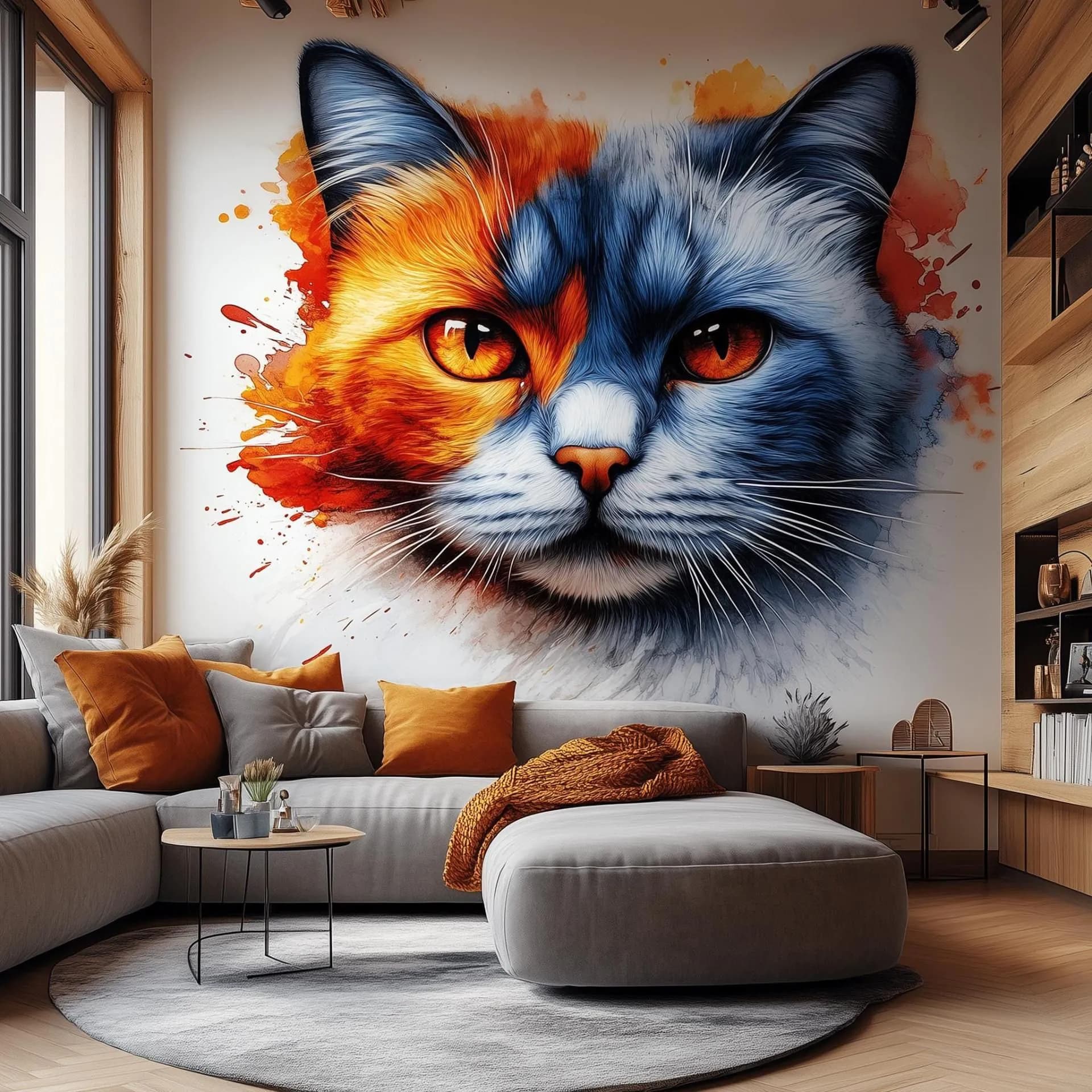 image-Cat Face Wall Decal | Two-Tone Watercolor Cat Sticker | Blue and Orange Cat Wall Art | Artistic Vinyl Mural | Bold Modern Animal Decor