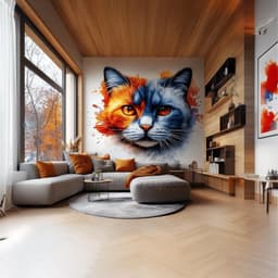 image-Cat Face Wall Decal | Two-Tone Watercolor Cat Sticker | Blue and Orange Cat Wall Art | Artistic Vinyl Mural | Bold Modern Animal Decor