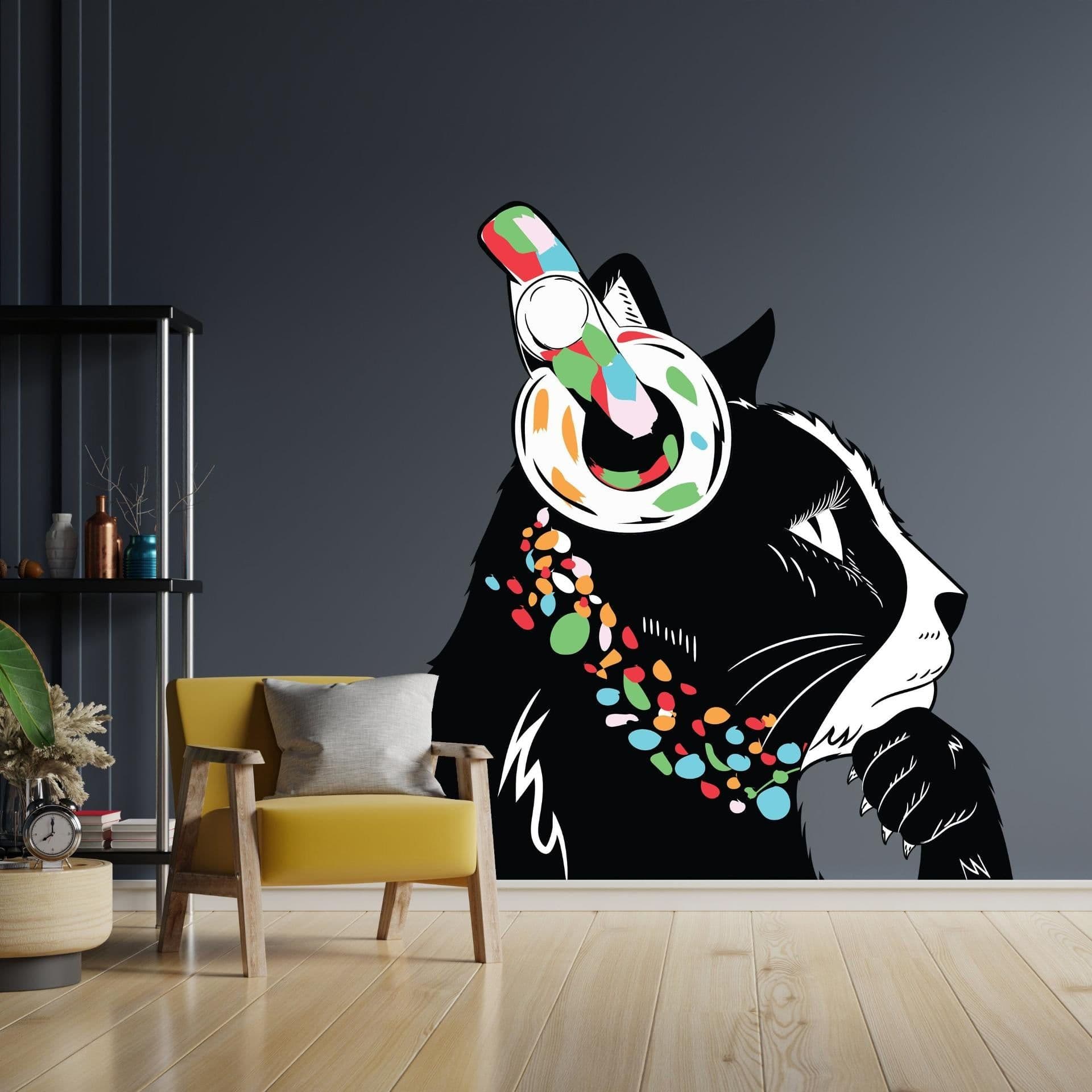 image-Cat Wall Art Sticker - Thinking Dj Kitten Head Headphones Vinyl Decal
