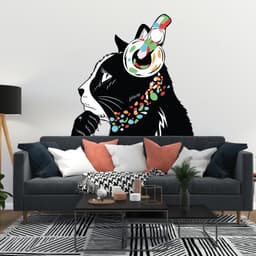 image-Cat Wall Art Sticker - Thinking Dj Kitten Head Headphones Vinyl Decal