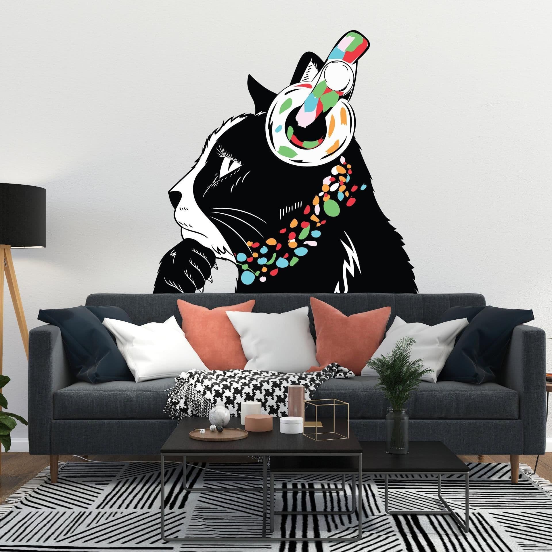 image-Cat Wall Art Sticker - Thinking Dj Kitten Head Headphones Vinyl Decal