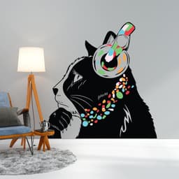 image-Cat Wall Art Sticker - Thinking Dj Kitten Head Headphones Vinyl Decal