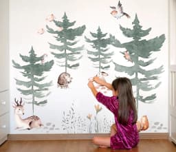 image-Forest Animals and Trees Wall Decal for Kids Room - Nursery Woodland Stickers with Watercolor Tree