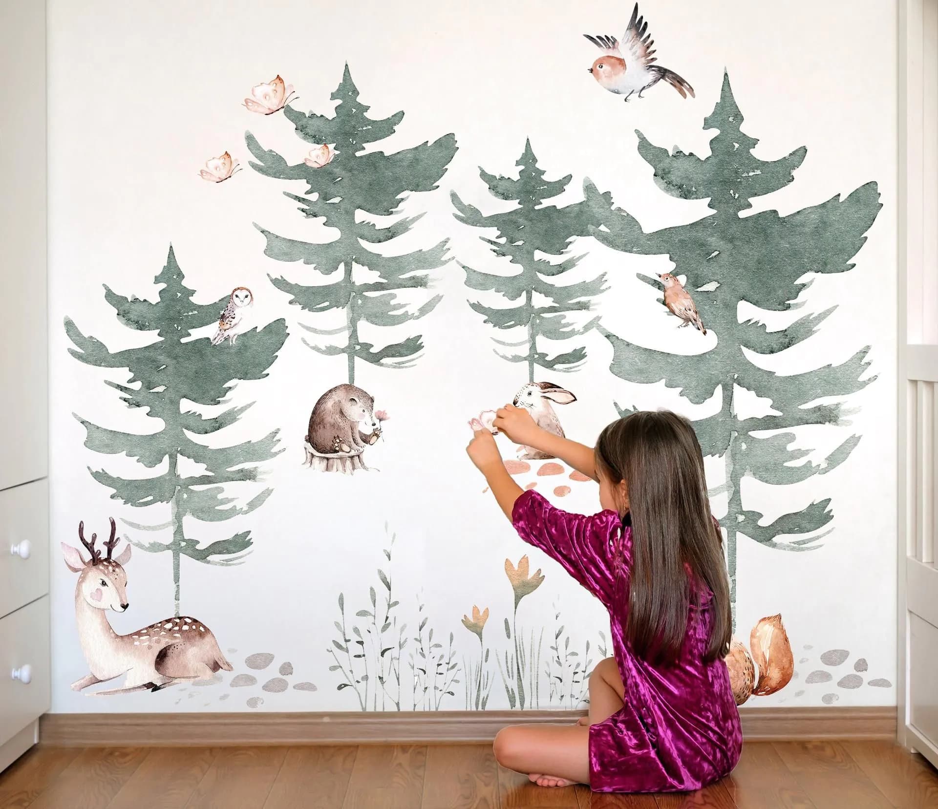 image-Forest Animals and Trees Wall Decal for Kids Room - Nursery Woodland Stickers with Watercolor Tree