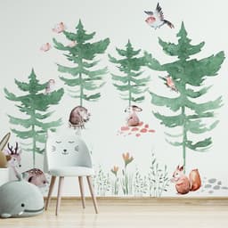 image-Forest Animals and Trees Wall Decal for Kids Room - Nursery Woodland Stickers with Watercolor Tree
