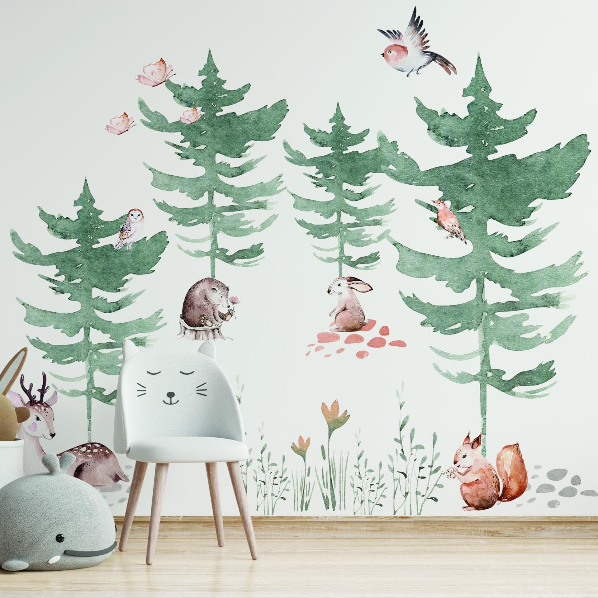 image-Forest Animals and Trees Wall Decal for Kids Room - Nursery Woodland Stickers with Watercolor Tree