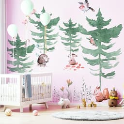image-Forest Animals and Trees Wall Decal for Kids Room - Nursery Woodland Stickers with Watercolor Tree