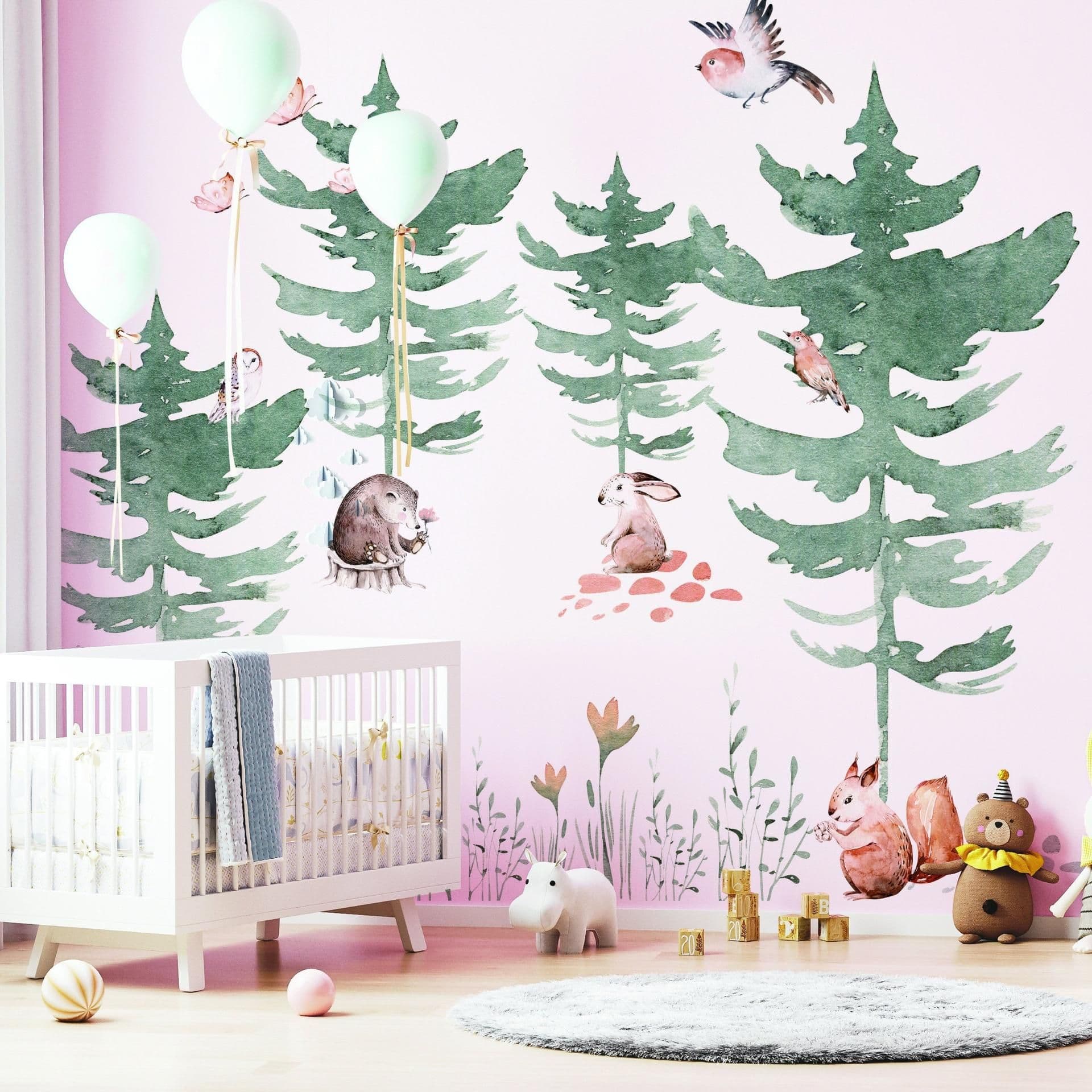 image-Forest Animals and Trees Wall Decal for Kids Room - Nursery Woodland Stickers with Watercolor Tree