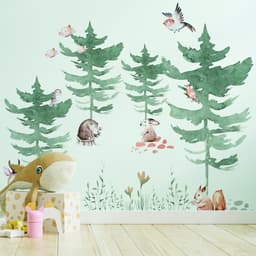 image-Forest Animals and Trees Wall Decal for Kids Room - Nursery Woodland Stickers with Watercolor Tree