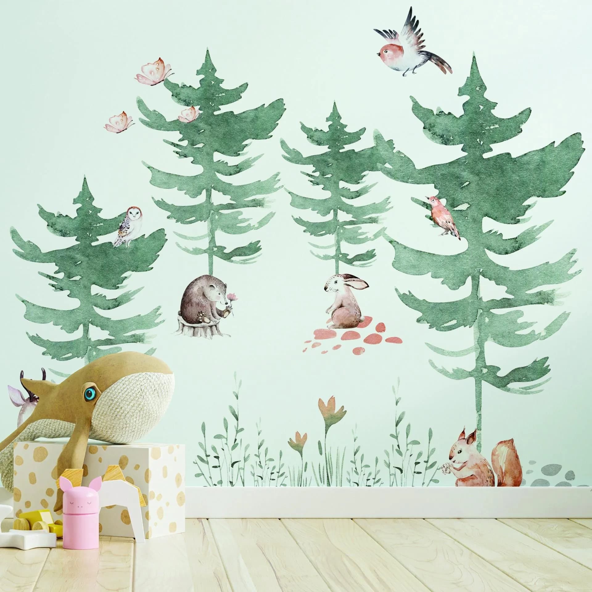 image-Forest Animals and Trees Wall Decal for Kids Room - Nursery Woodland Stickers with Watercolor Tree