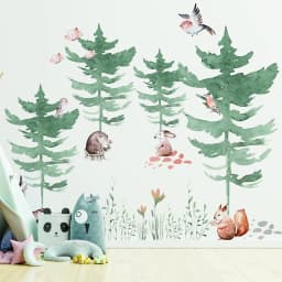 image-Forest Animals and Trees Wall Decal for Kids Room - Nursery Woodland Stickers with Watercolor Tree