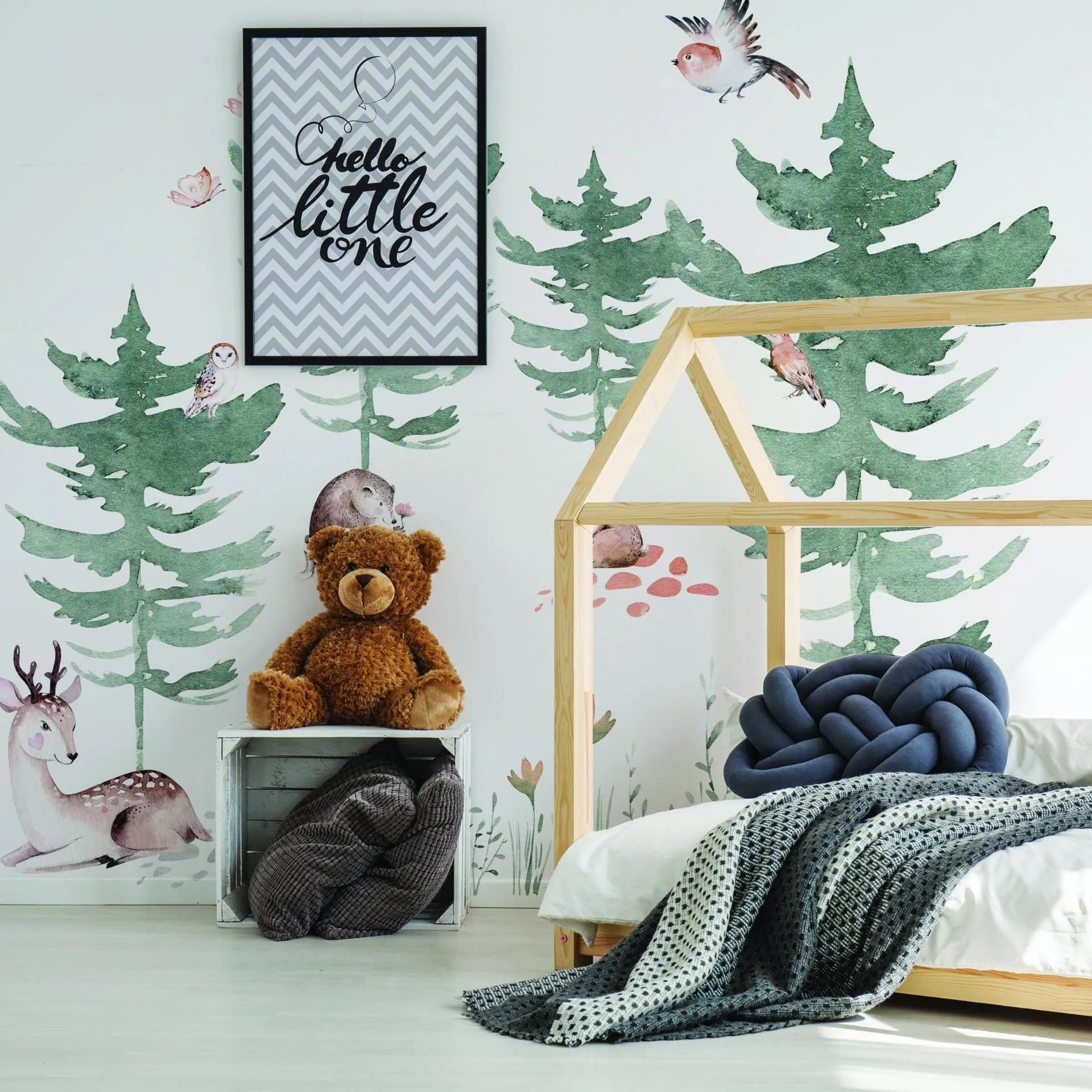 image-Forest Animals and Trees Wall Decal for Kids Room - Nursery Woodland Stickers with Watercolor Tree