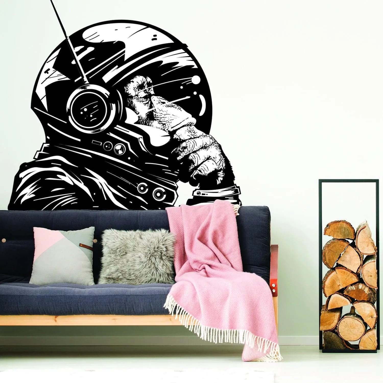 image-Thinking Astronaut Monkey Print Art Wall Sticker - The Thinker Chimp Space Astronauts Mural Decal