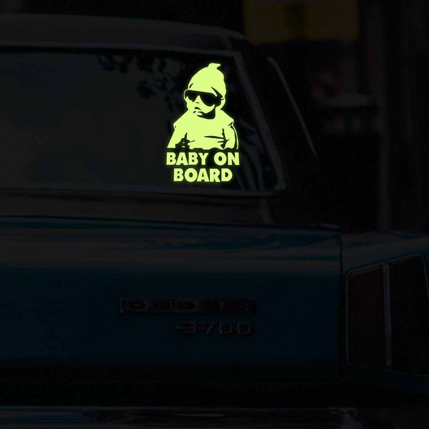 image-Glow In Dark Baby On Board Funny Car Vinyl Sticker - Night Glowing Child Kid Inside Safety Window Decal