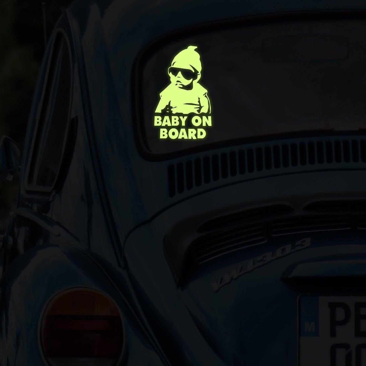 image-Glow In Dark Baby On Board Funny Car Vinyl Sticker - Night Glowing Child Kid Inside Safety Window Decal