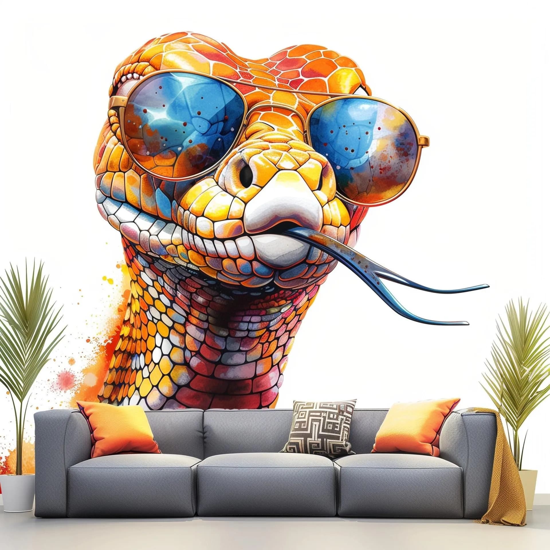 image-Vibrant Watercolor Orange Snake Sticker Decals with Glasses - Easy-to-Apply & Repositionable Room Decor