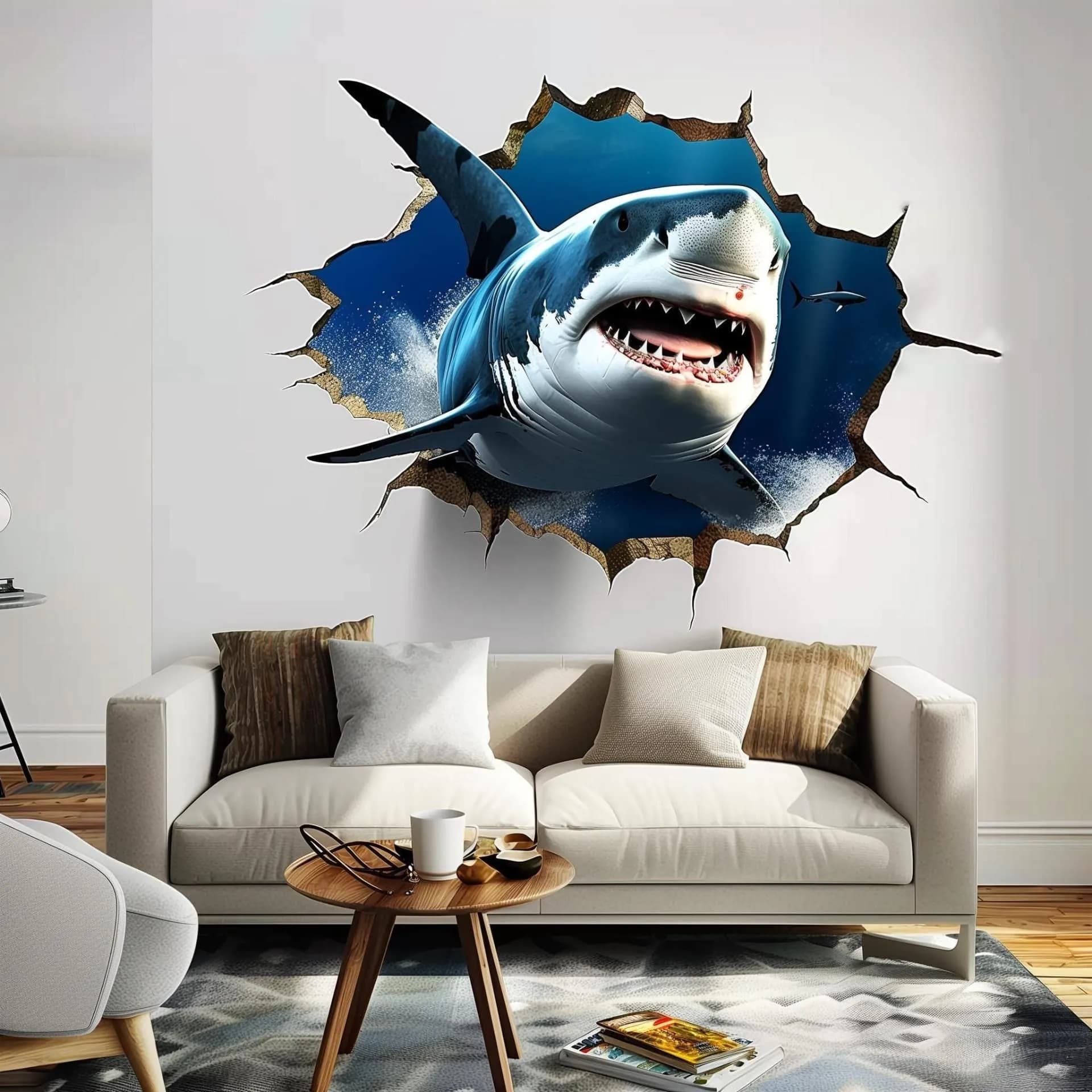 image-3D Tiger Shark Wall Sticker | Realistic Shark Wall Decal | Underwater Adventure Home Decor | Unique Living Room Wall Art