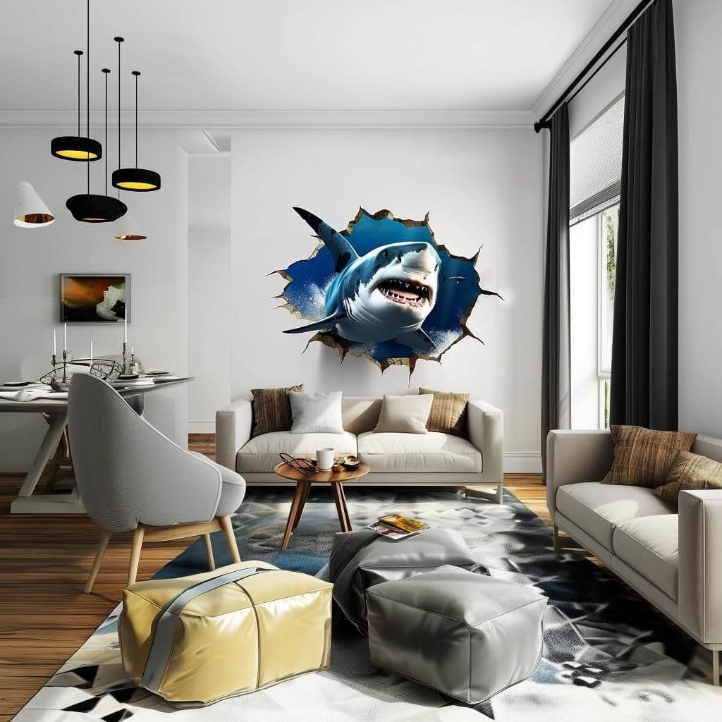 image-3D Tiger Shark Wall Sticker | Realistic Shark Wall Decal | Underwater Adventure Home Decor | Unique Living Room Wall Art