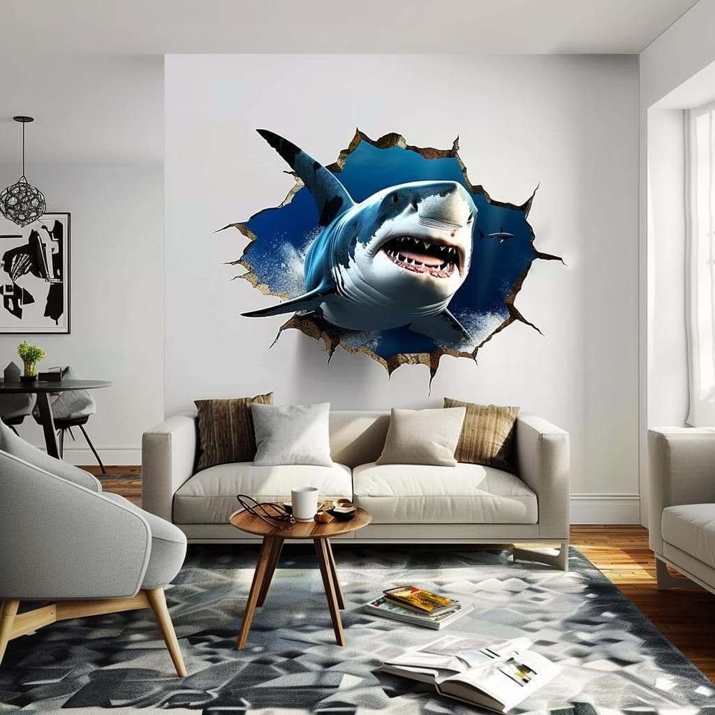 image-3D Tiger Shark Wall Sticker | Realistic Shark Wall Decal | Underwater Adventure Home Decor | Unique Living Room Wall Art