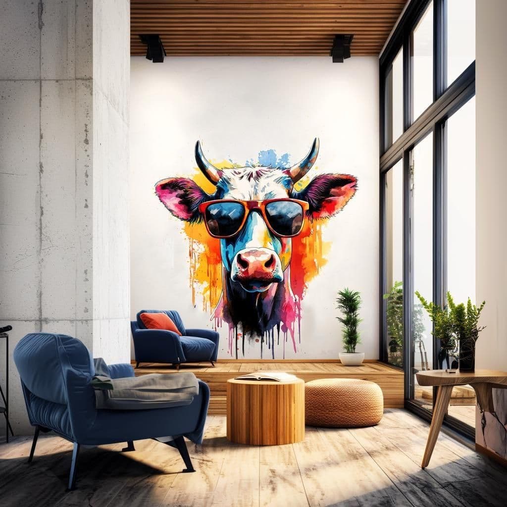 image-Trendy Cow with Sunglasses Wall Decal | Colorful Watercolor Art Sticker | Fun & Playful Animal Wall Decals for Home and Room Decor