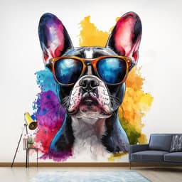 image-French Bulldog Wall Decal with Sunglasses | Colorful Watercolor Splash Pet Dog Sticker | Trendy Pet Themed Room Decor | Modern Home Decal