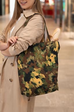 image-Women's Black Shopper Bag with Military Brown Patterns | Large Tote with Wallet | Stylish Durable Travel Bag | Versatile Beach and Gym Bag