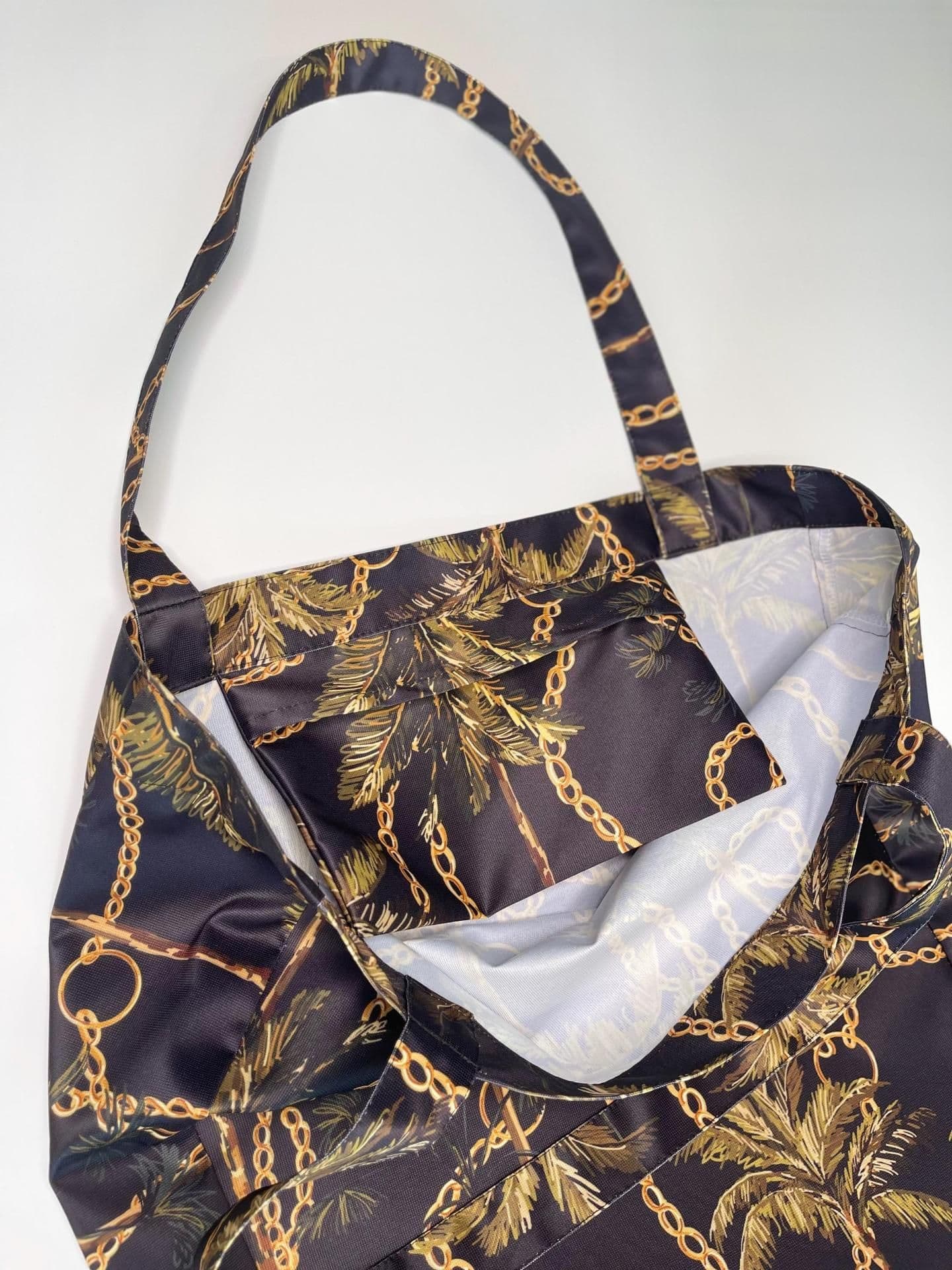 image-Women's Black Shopper Bag with Military Brown Patterns | Large Tote with Wallet | Stylish Durable Travel Bag | Versatile Beach and Gym Bag
