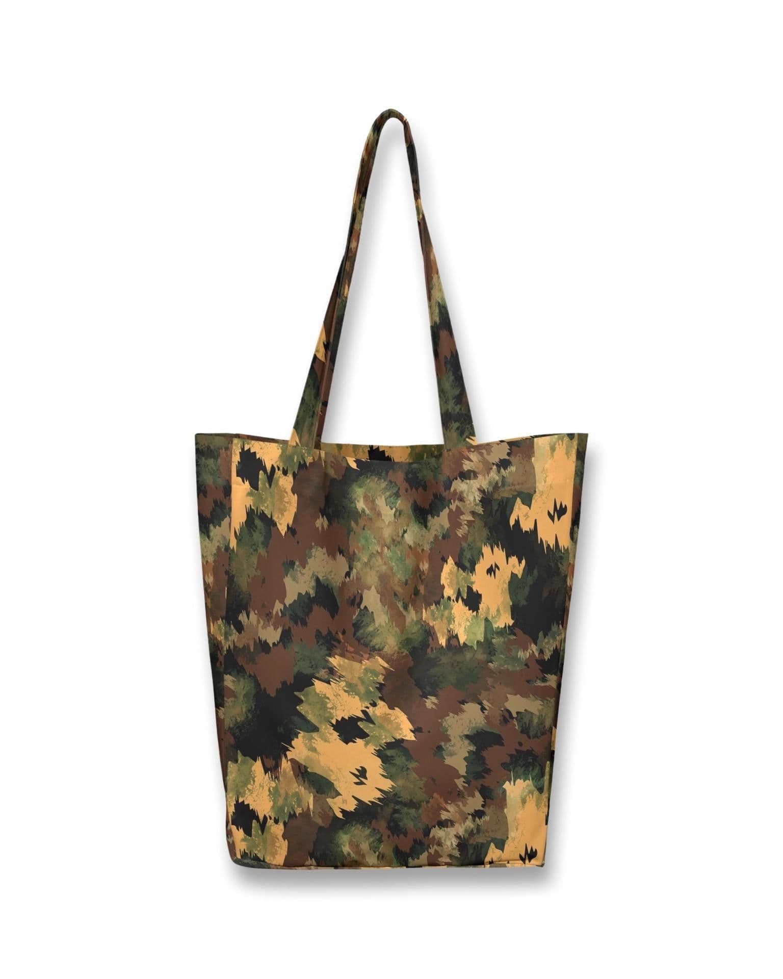 image-Women's Black Shopper Bag with Military Brown Patterns | Large Tote with Wallet | Stylish Durable Travel Bag | Versatile Beach and Gym Bag