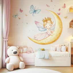image-Fairy Princess on the Moon Wall Decal | Pastel Nursery Wall Art | Removable Fairy, Crescent, Butterfly Wall Sticker | Girls Room Decor