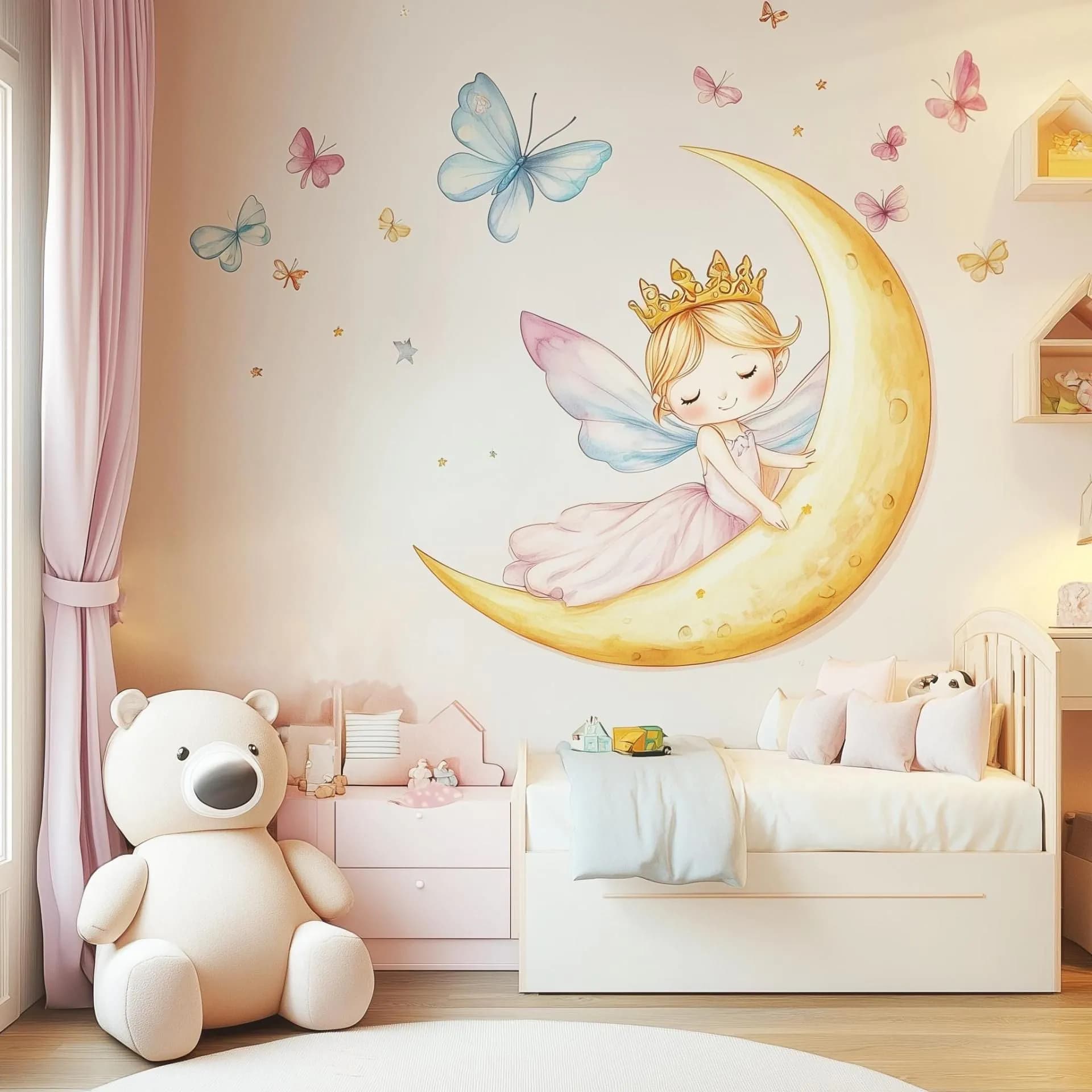 image-Fairy Princess on the Moon Wall Decal | Pastel Nursery Wall Art | Removable Fairy, Crescent, Butterfly Wall Sticker | Girls Room Decor