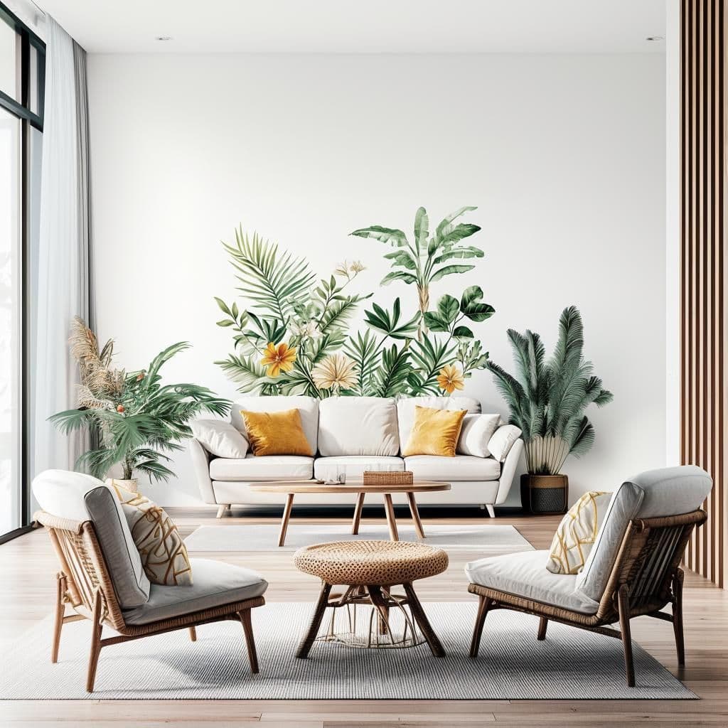 image-Botanical Wall Decal | Tropical Leaf and Flower Wall Sticker | Removable Nature-Inspired Wall Art for Living Room, Bedroom, or Office Decor