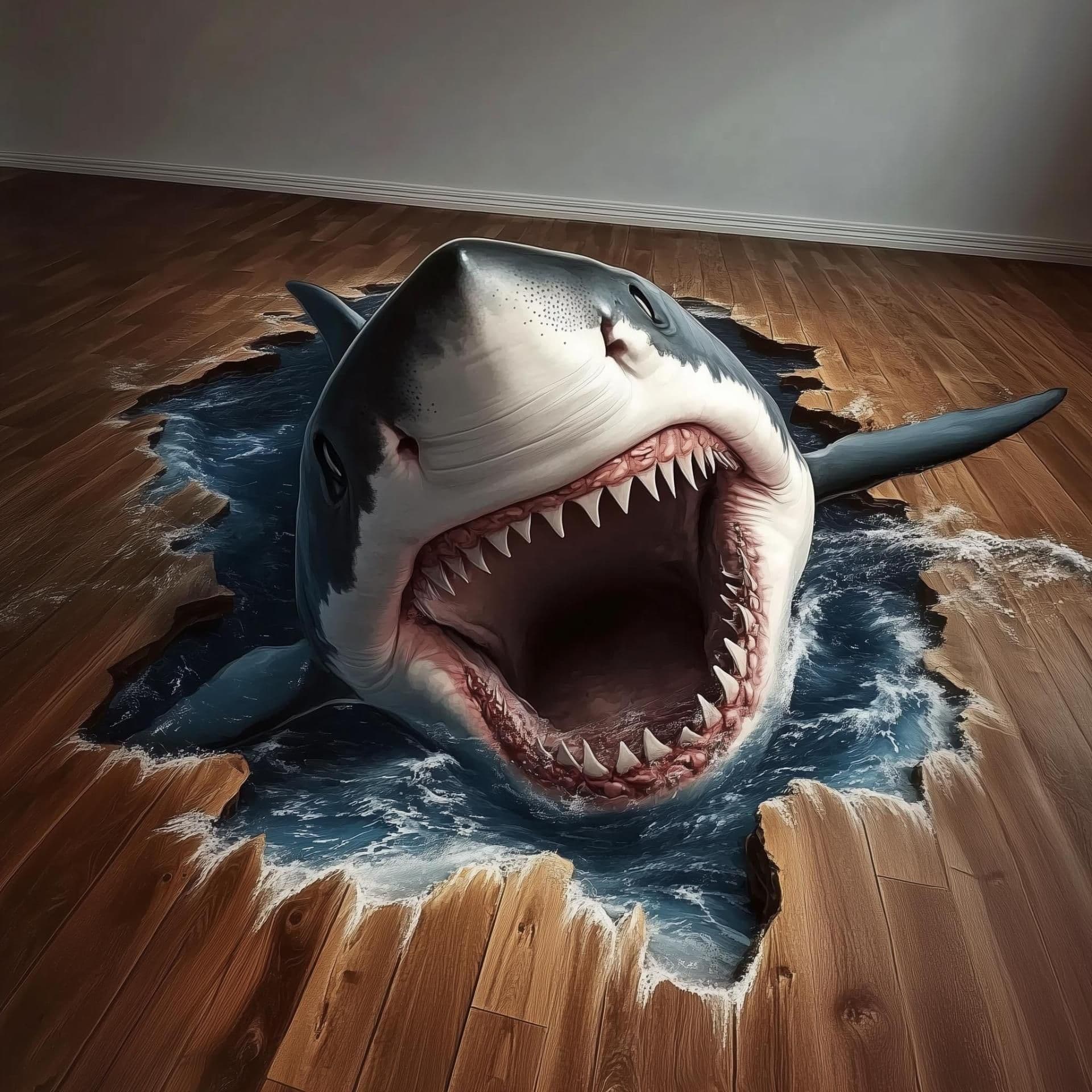image-3D Shark Floor Sticker | Realistic Vinyl Shark Breaking Through Floor Decal | Ocean Themed Floor Art | Shark Attack Floor Mural