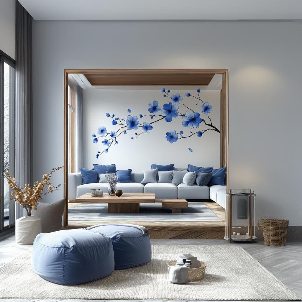 image-Blue Flower Branch Wall Decal | Large Sakura Floral Vinyl Sticker | Removable Nature Art for Living Room, Bedroom, Office, Modern Home Décor