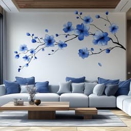 image-Blue Flower Branch Wall Decal | Large Sakura Floral Vinyl Sticker | Removable Nature Art for Living Room, Bedroom, Office, Modern Home Décor