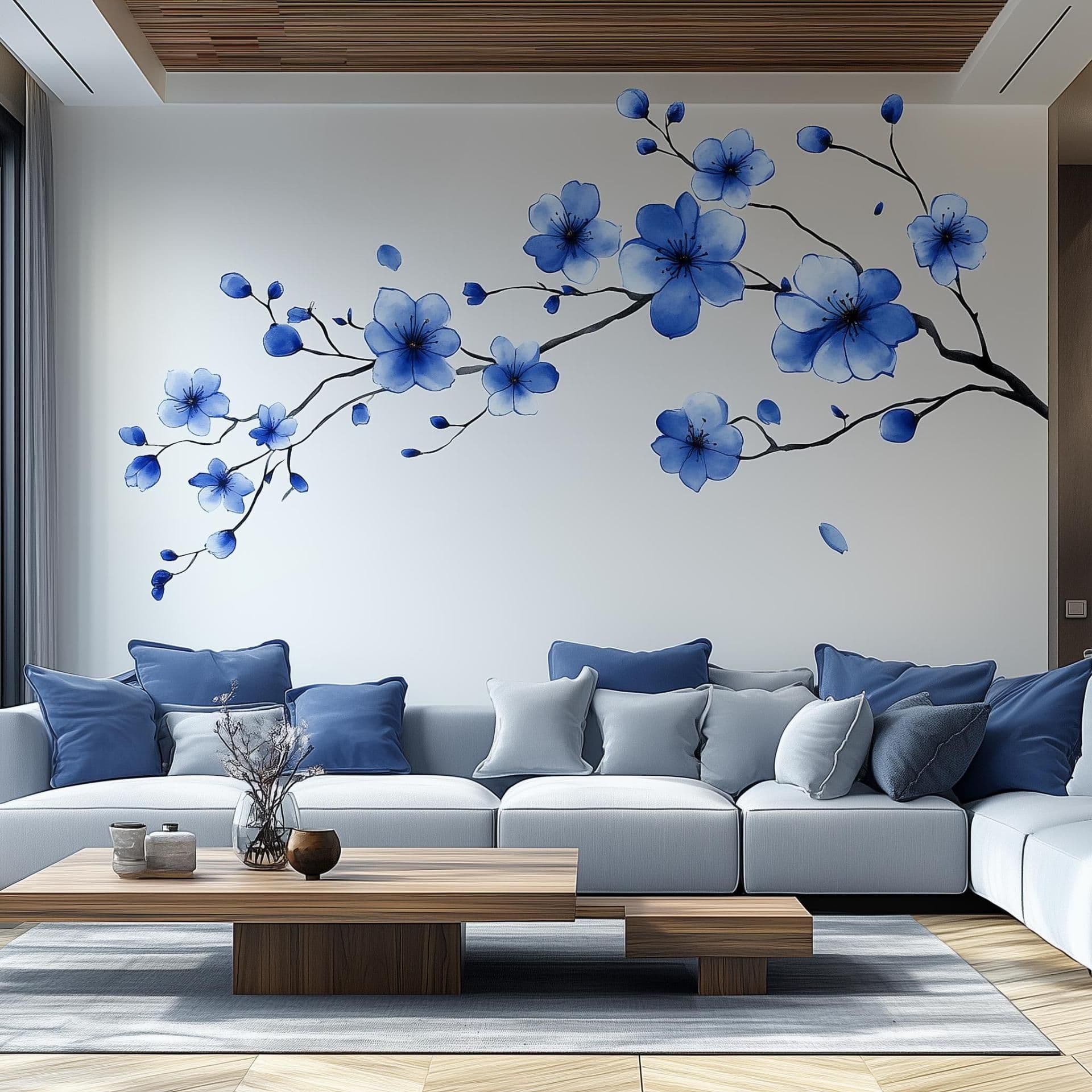 image-Blue Flower Branch Wall Decal | Large Sakura Floral Vinyl Sticker | Removable Nature Art for Living Room, Bedroom, Office, Modern Home Décor