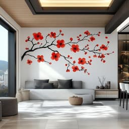 image-Red Flower Branch Wall Decal | Large Sakura Vinyl Floral Sticker | Removable Nature Art for Living Room, Bedroom, Office, Modern Home Decor