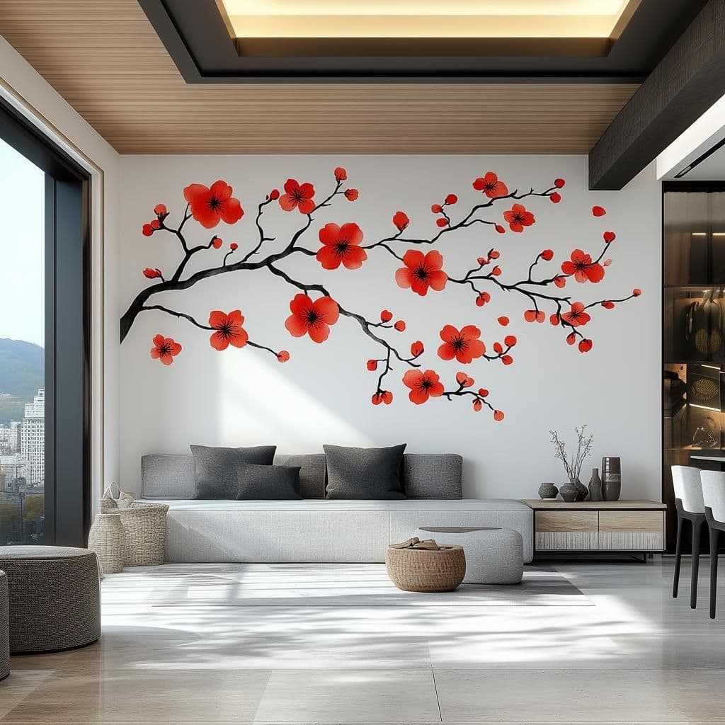 image-Red Flower Branch Wall Decal | Large Sakura Vinyl Floral Sticker | Removable Nature Art for Living Room, Bedroom, Office, Modern Home Decor