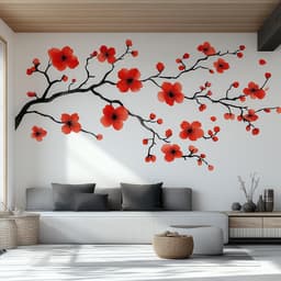 image-Red Flower Branch Wall Decal | Large Sakura Vinyl Floral Sticker | Removable Nature Art for Living Room, Bedroom, Office, Modern Home Decor