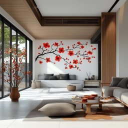 image-Red Flower Branch Wall Decal | Large Sakura Vinyl Floral Sticker | Removable Nature Art for Living Room, Bedroom, Office, Modern Home Decor
