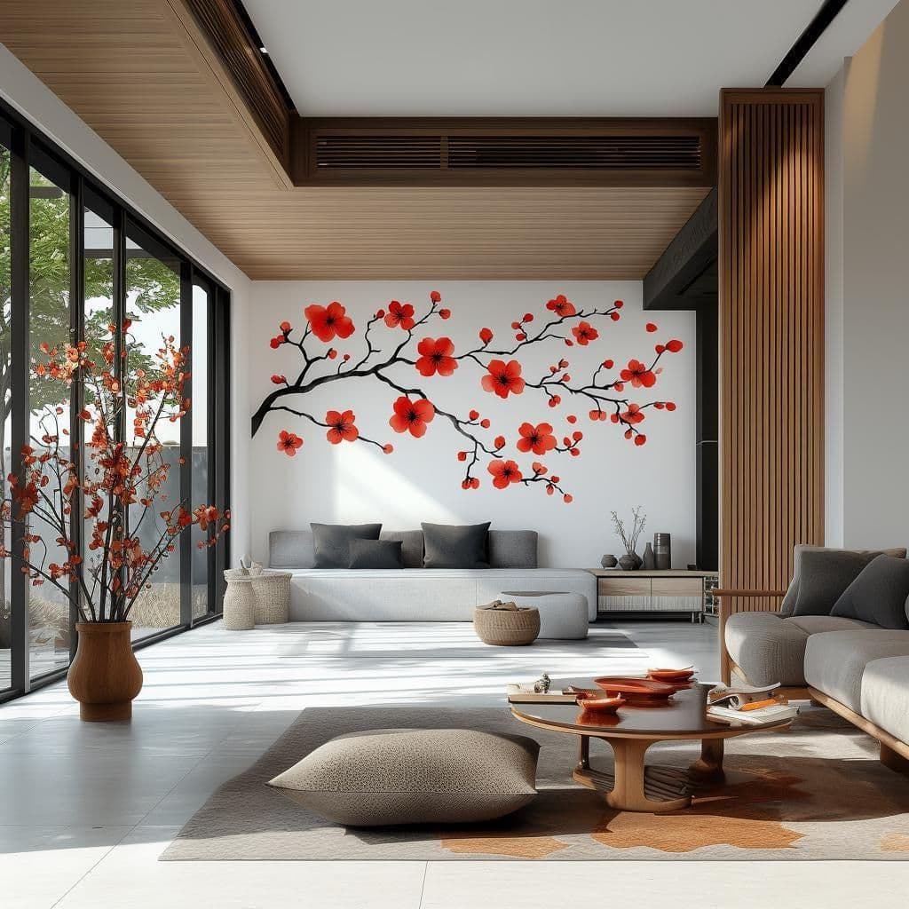 image-Red Flower Branch Wall Decal | Large Sakura Vinyl Floral Sticker | Removable Nature Art for Living Room, Bedroom, Office, Modern Home Decor