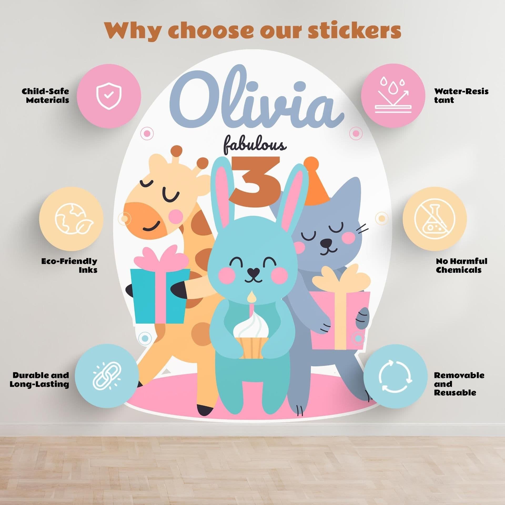 image-Personalized Kids Birthday Wall Sticker | Custom Name and Age | Cute Animal Theme | Birthday Party Decor | Removable Sticker *!