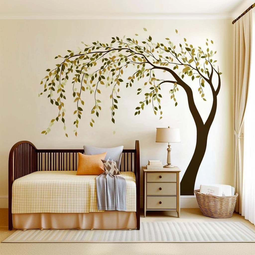 image-Weeping Willow Tree Wall Sticker | Nursery Wall Art Decal for Baby Girls | Falling Leaves Removable Vinyl Decor | Nursery Room Decals