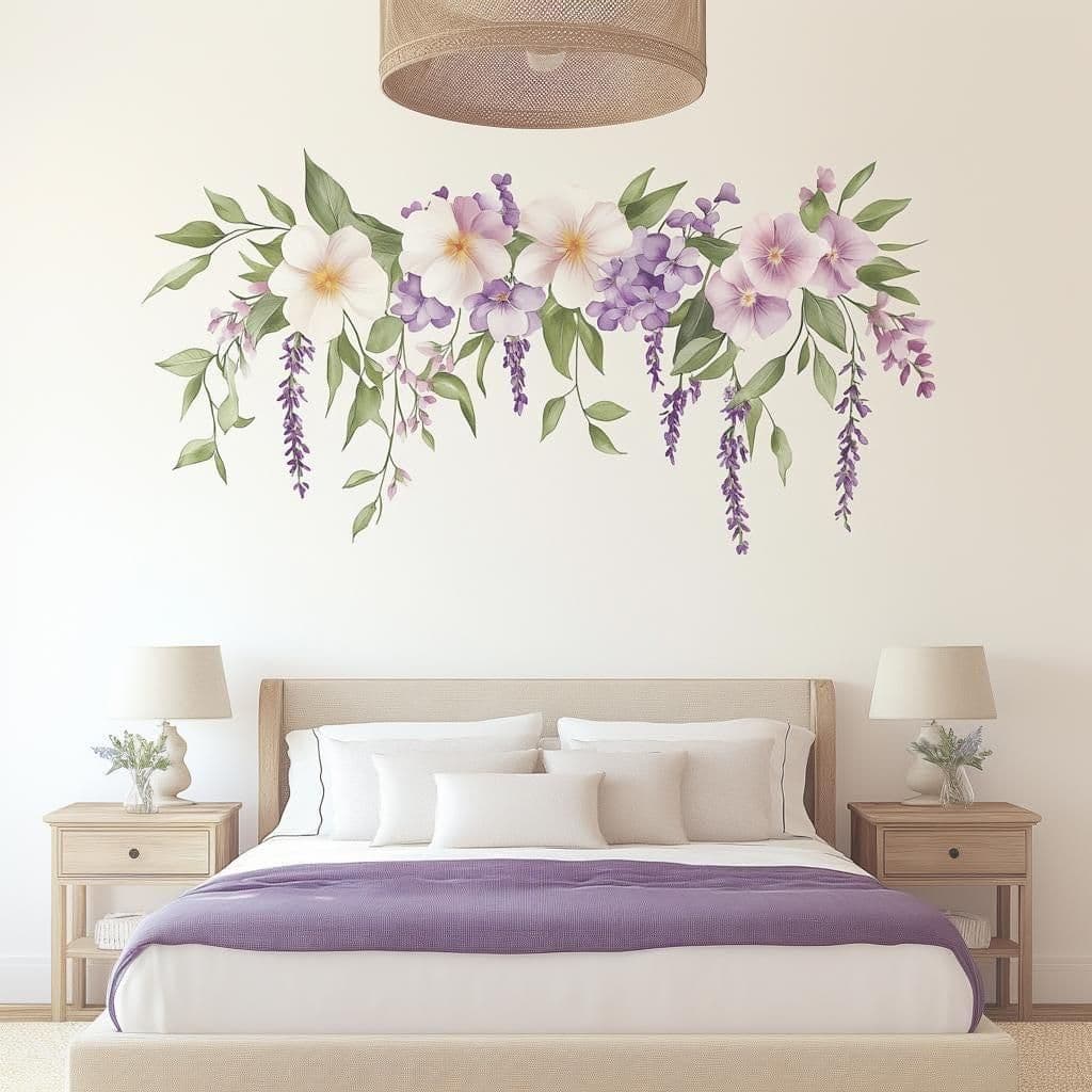 image-Floral Wall Decal | Watercolor Flower Wall Sticker | Boho Bedroom Wall Art | Botanical Peel Stick Mural | Elegant Home Decor Removable Vinyl