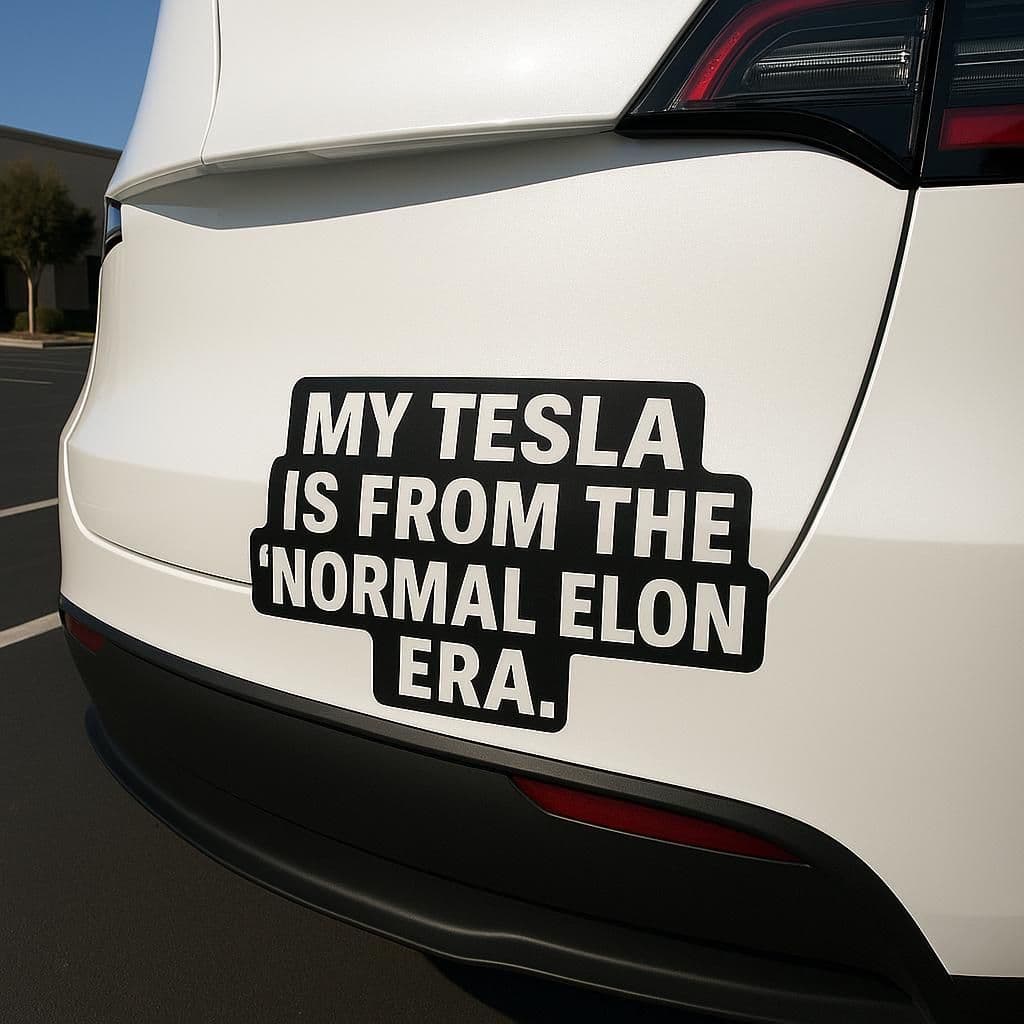 image-Tesla Bumper Sticker | My Tesla Is From The ‘Normal Elon’ Era | Matte Vinyl Car Decal | Tesla Owner Gift | Anti-Elon Sign Truck Sticker