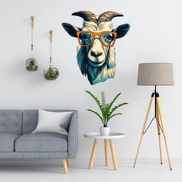image-3D Goat Head in Glasses Wall Decal - Vibrant Light Indigo and Amber Style Art Sticker