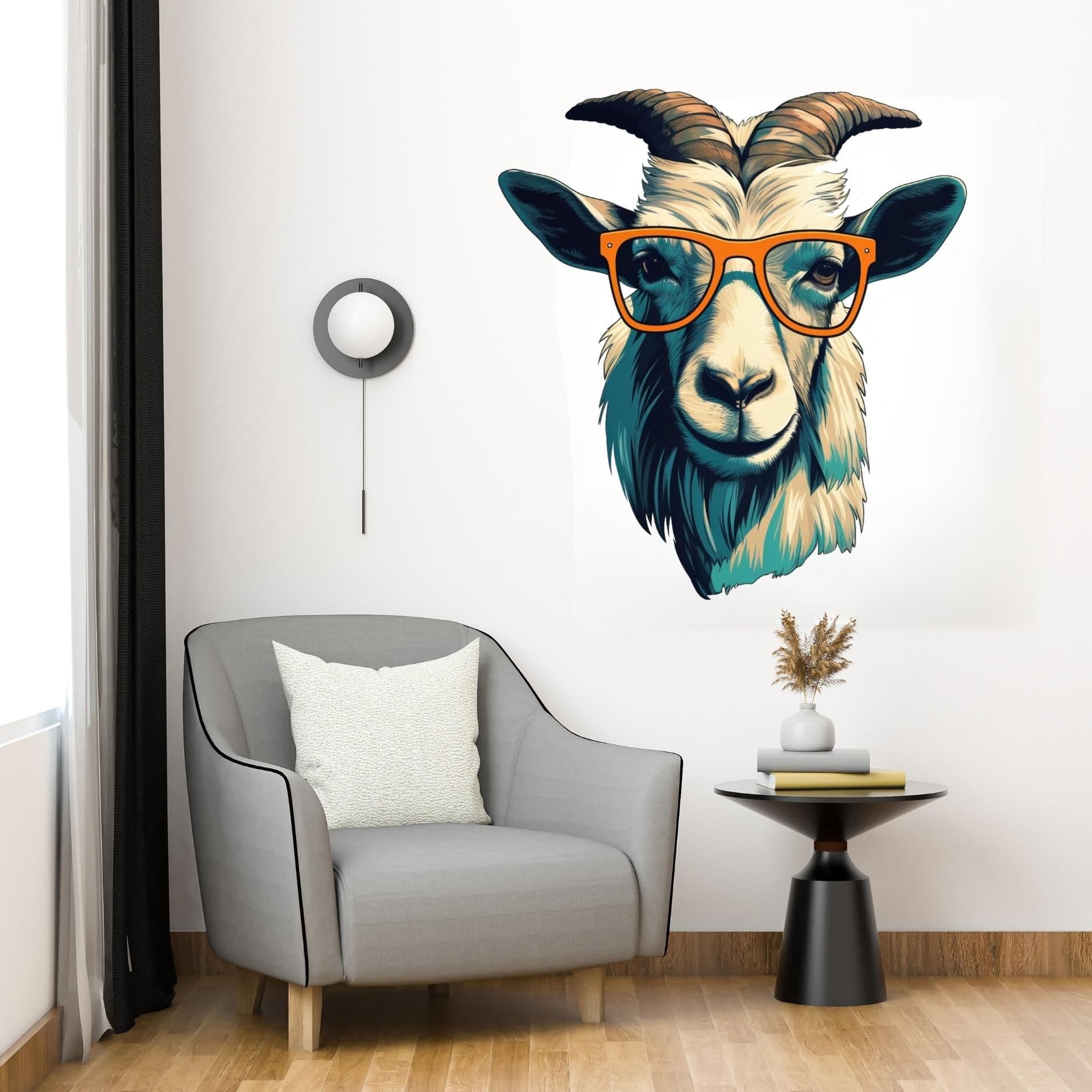 image-3D Goat Head in Glasses Wall Decal - Vibrant Light Indigo and Amber Style Art Sticker