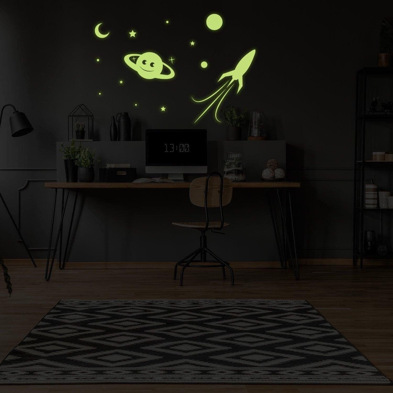 image-Glowing Planet Rocket, Stars, Moon Ceiling Sticker - Glow in the Dark Wall Decal