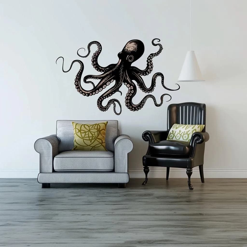 image-Elegant Octopus Wall Sticker Decals | Detailed Nautical Wall Art | Black Octopus Home Decor | Ocean-Themed Living Room Decals | Marine Life