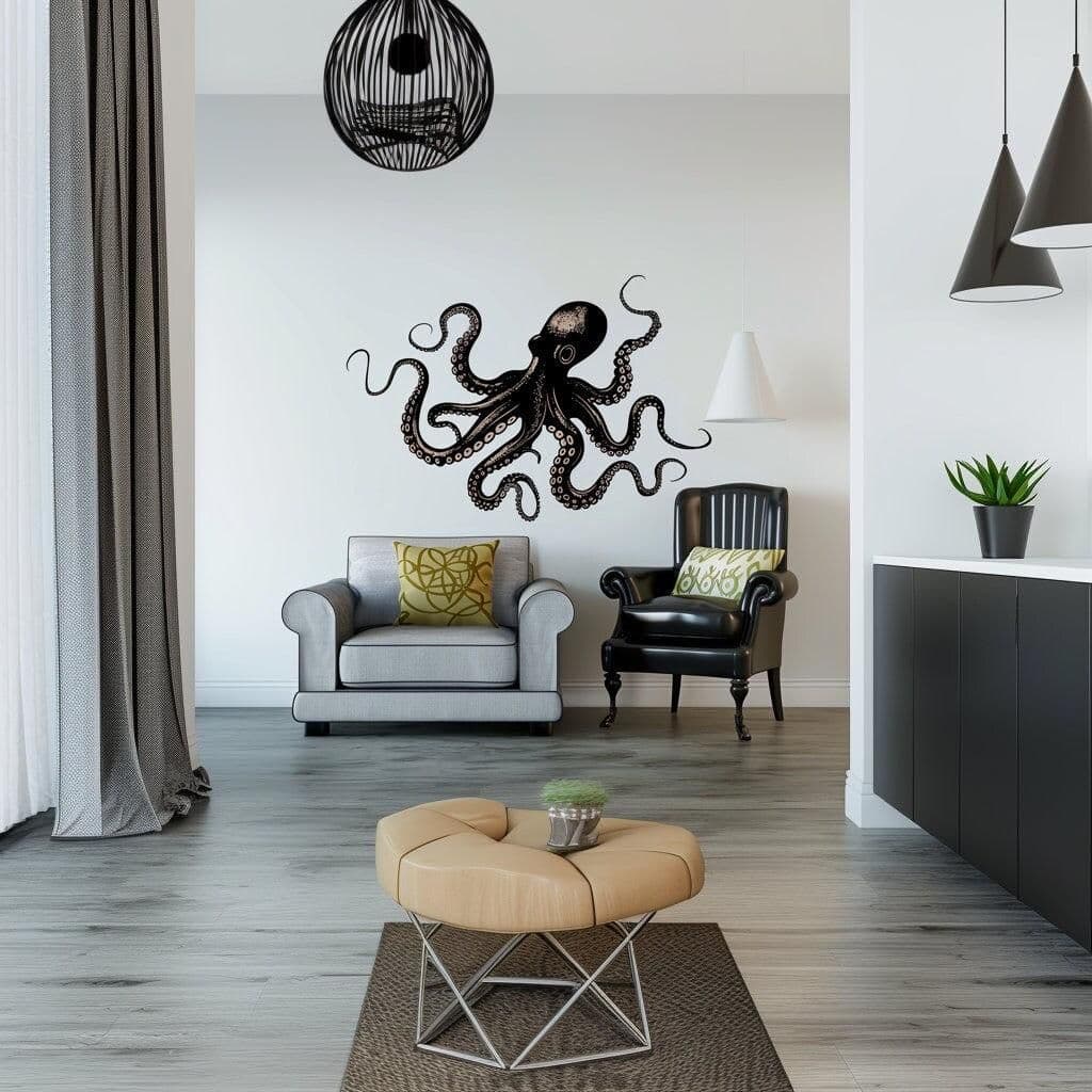 image-Elegant Octopus Wall Sticker Decals | Detailed Nautical Wall Art | Black Octopus Home Decor | Ocean-Themed Living Room Decals | Marine Life